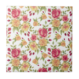 Azulejo Rosas rojas y amarillas vintage y patrón de capull