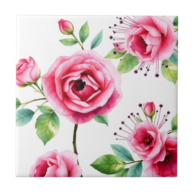 Azulejo Rosas rosa blandas y flores de eucalipto (Frente)