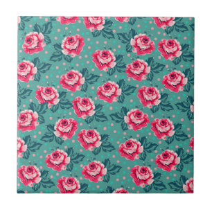 Azulejo Rosas rosadas bonitas y patrón de lunares en azul