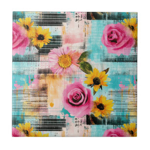 Azulejo Rosas rosadas brillantes y girasoles sobre abstrac