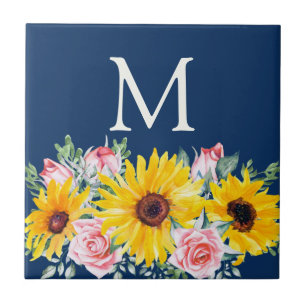 Azulejo Rosas Rosadas Girasoles Azul Marino Monogramadas