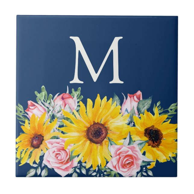 Azulejo Rosas Rosadas Girasoles Azul Marino Monogramadas (Frente)