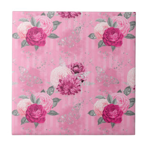 Azulejo Rosas rosadas y brillo plateado Steampunk vintage