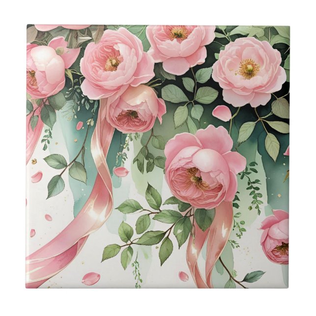 Azulejo Rosas rosadas y cintas (Frente)