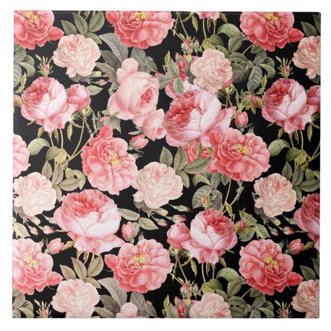 Azulejo Rosas rosados del Victorian en modelo negro (Frente)