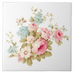 Azulejo Rosas rosas rosadas de la virgen femenina<br><div class="desc">Abundante grupo de rosas y margaritas rosas con flores silvestres azules y follaje sabio. El color de fondo se puede personalizar.</div>