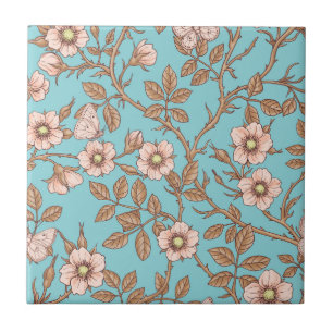 Azulejo Rosas silvestres y mariposas /rosa/marrón/estanque