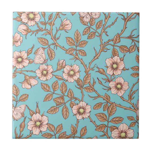 Azulejo Rosas silvestres y mariposas /rosa/marrón/estanque (Frente)