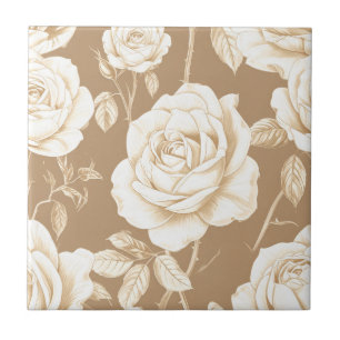 Azulejo Rosas Vintage Crema sobre Floral Marrón Camello