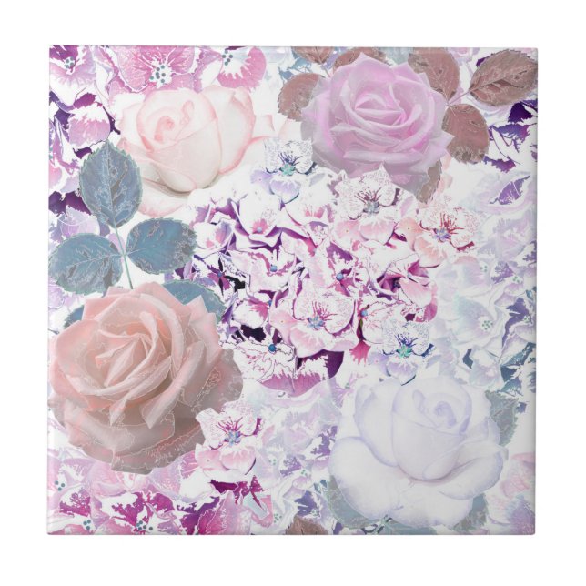 Azulejo Rosas y hortensias en acuarela. (Frente)