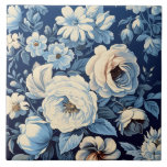 Azulejo Roses blancos sobre fondo azul índigo<br><div class="desc">Rosas blancas antiguas y margaritas sobre un rico fondo azul índigo.</div>