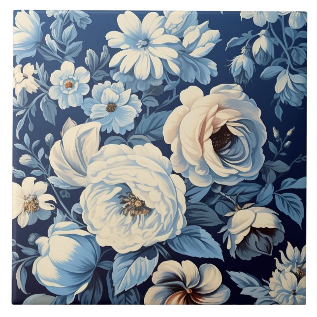 Azulejo Roses blancos sobre fondo azul índigo (Frente)
