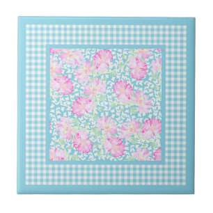 Azulejo Roses rosas blancas mariposas Gingham Cerámica Til