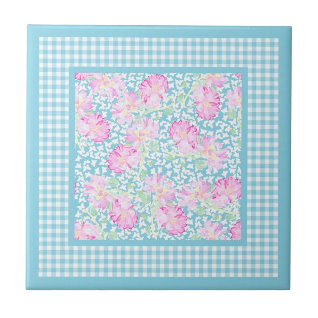 Azulejo Roses rosas blancas mariposas Gingham Cerámica Til (Frente)