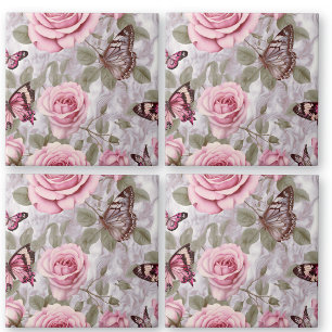 Azulejo Roses rosas y mariposas acuarela floral