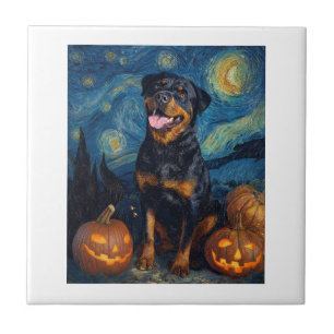 Azulejo Rottweiler Perro Lindo Halloween Jack O Lantern Ca