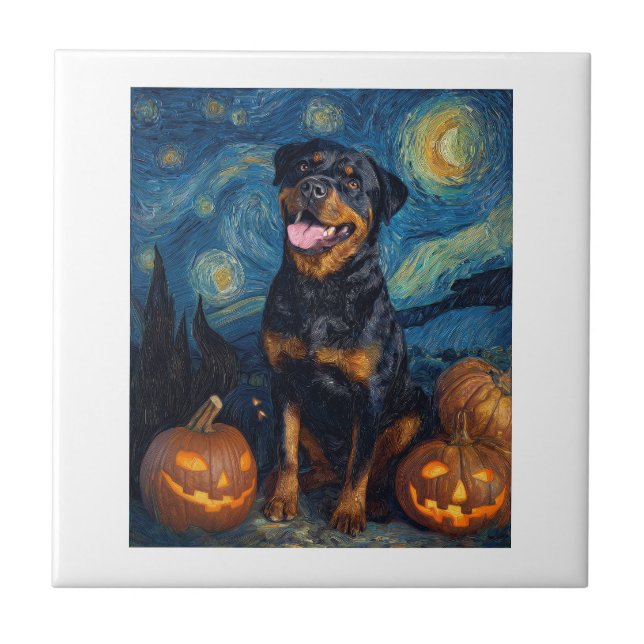 Azulejo Rottweiler Perro Lindo Halloween Jack O Lantern Ca (Frente)