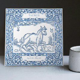 Azulejo Rótulo Zodiaco Vintage del Tauro Azul Holandés Del