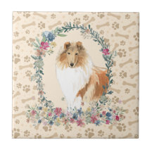 Rough Collie Dog Paw Print Floral Cute Beige