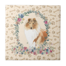 Azulejo Rough Collie Dog Paw Print Floral Cute Beige