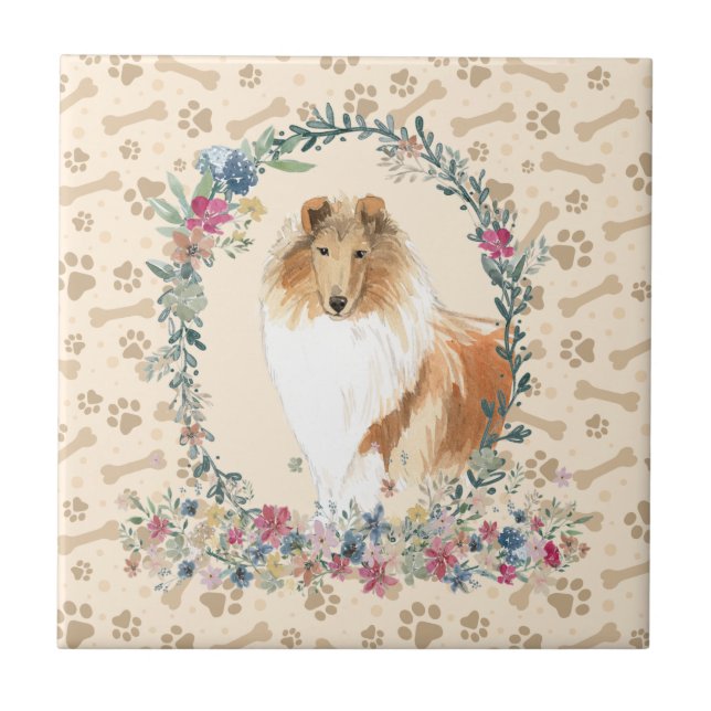 Azulejo Rough Collie Dog Paw Print Floral Cute Beige (Frente)