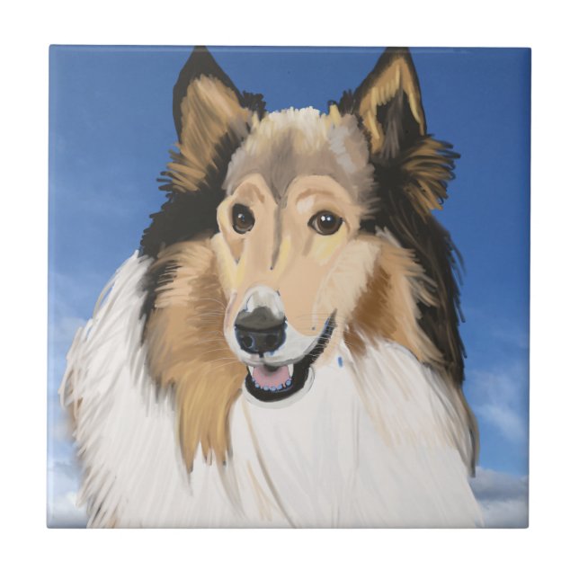Azulejo Rough Collie Portrait contra el cielo azul (Frente)