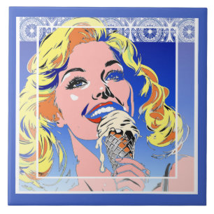 Azulejo Rubia Comiendo Helado Estilo Pop Art Colorido Años