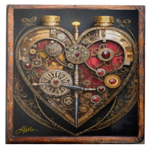 Azulejo Rubíes Steampunk Y Engranajes Corazón Oscuro