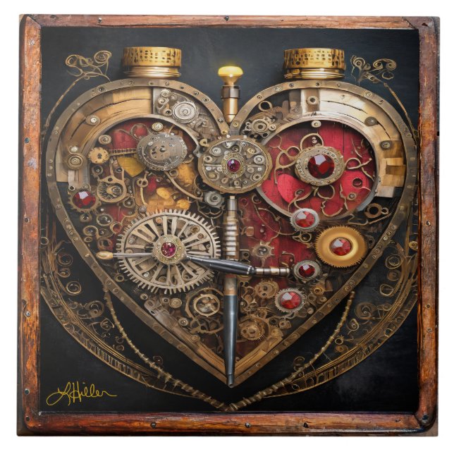 Azulejo Rubíes Steampunk Y Engranajes Corazón Oscuro  (Frente)
