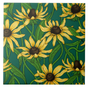 Azulejo Rudbekia amarilla en verde oscuro