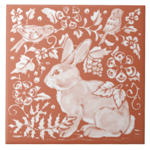 Azulejo Rust Brown Rabbit Bunny Bird Woodland Rustic