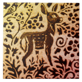 Azulejo Rust Gold Brown Deer Fawn Floral Autumt Leaf Batik