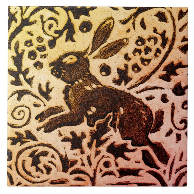 Azulejo Rust Gold Brown Rabbit Floral Otoño deja Batik (Frente)