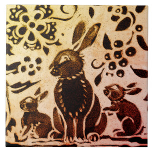 Azulejo Rust Gold Brown Rabbit Floral Otoño deja Batik