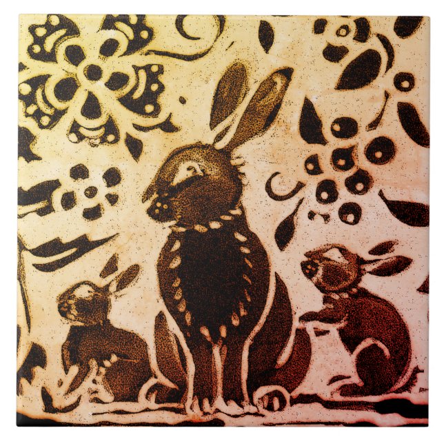 Azulejo Rust Gold Brown Rabbit Floral Otoño deja Batik (Frente)