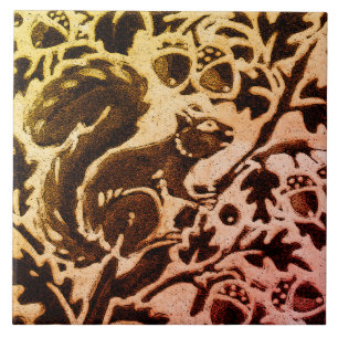 Azulejo Rust Gold Brown Squirrel Floral Autumk Leaf Batik