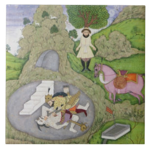 Azulejo Rustam que mata al demonio blanco, ilustracion de