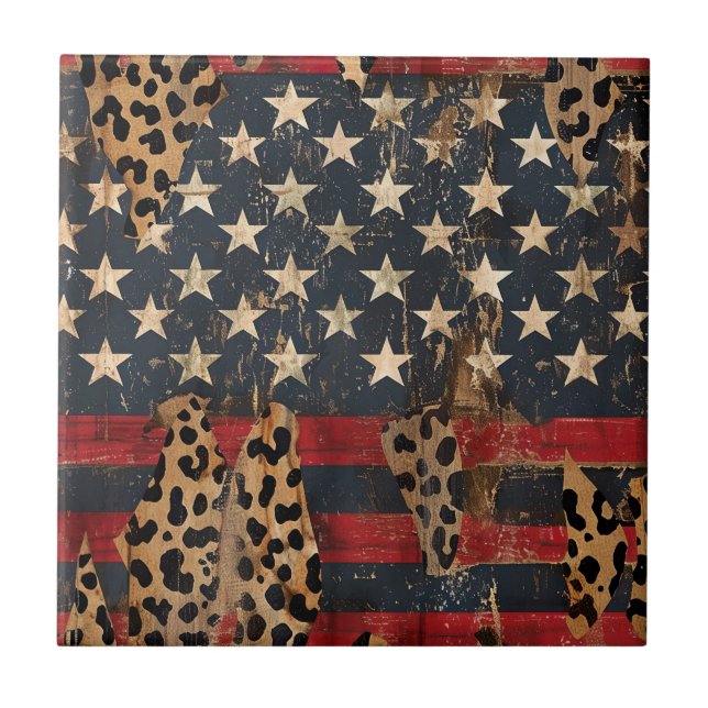 Azulejo Rustic American Flag Leopard Print (3) (Frente)