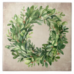 Azulejo Rustic Boxwood Wreath Berries Watercolor Farmacia<br><div class="desc">Una cerámica perfecta para la decoración. Corona de madera de paja con bayas secas sobre un fondo rústico falso texturado. Se utilizó una simple acuarela para hacer esta cerámica de granja.</div>