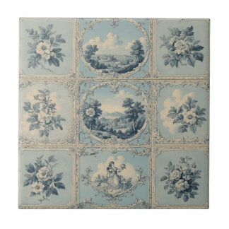 Azulejo Rustic Country Floral Motif Distressed Mute Tones