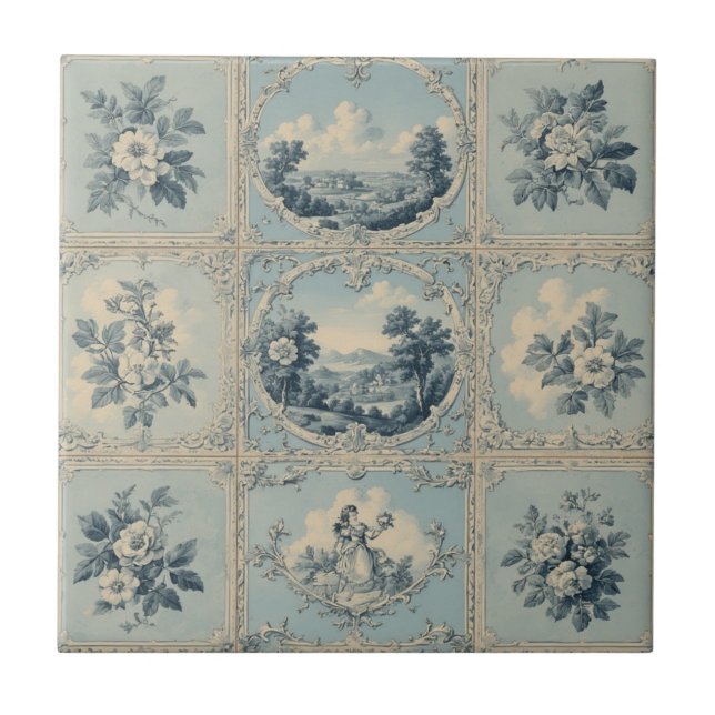 Azulejo Rustic Country Floral Motif Distressed Mute Tones (Frente)