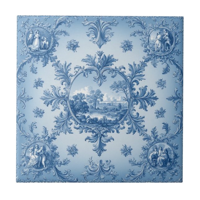 Azulejo Rustic Country Floral Motif Dusty Blue Muted Tones (Frente)