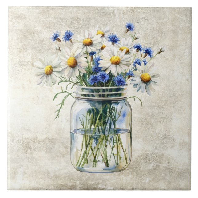Azulejo Rustic Flowers Daisies in Vintage Jar  (Frente)