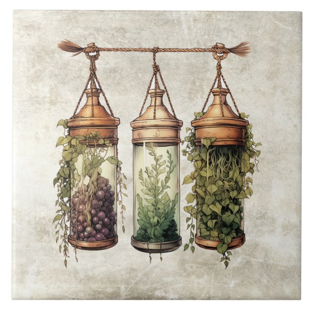 Azulejo Rustic Hanging Herbs Grapes Watercolors (Frente)