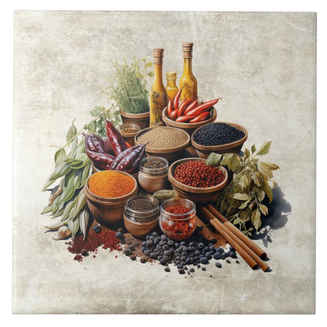 Azulejo Rustic Herbs Spices in Watercolors (Frente)