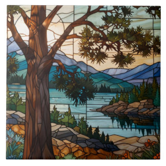 Azulejo Rustic mountain range landscape stain glass 