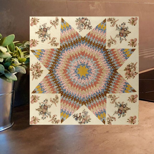 Azulejo Rustic Patchwork Quilt Star of Bethlehem (A colorful, rustic, vintage patchwork quilt pattern tile. Great for country home or modern farmhouse)