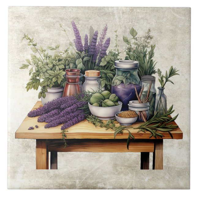 Azulejo Rustic Table with Herbs Watercolors (Frente)
