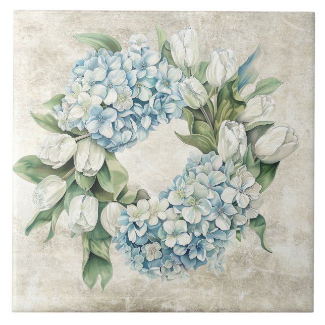 Azulejo Rustic Watercolor Blue Hydrangea Tulips Wreath (Frente)