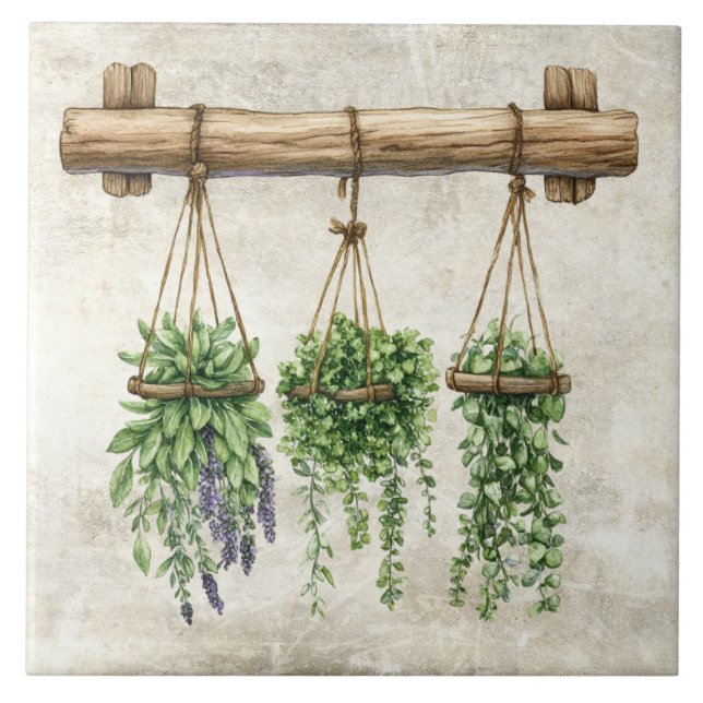 Azulejo Rustic Watercolor Hanging Herbs with Twine Design (Frente)
